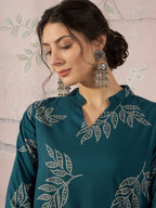 InWeave Dark Teal Leaf Mandarin Kurta Set