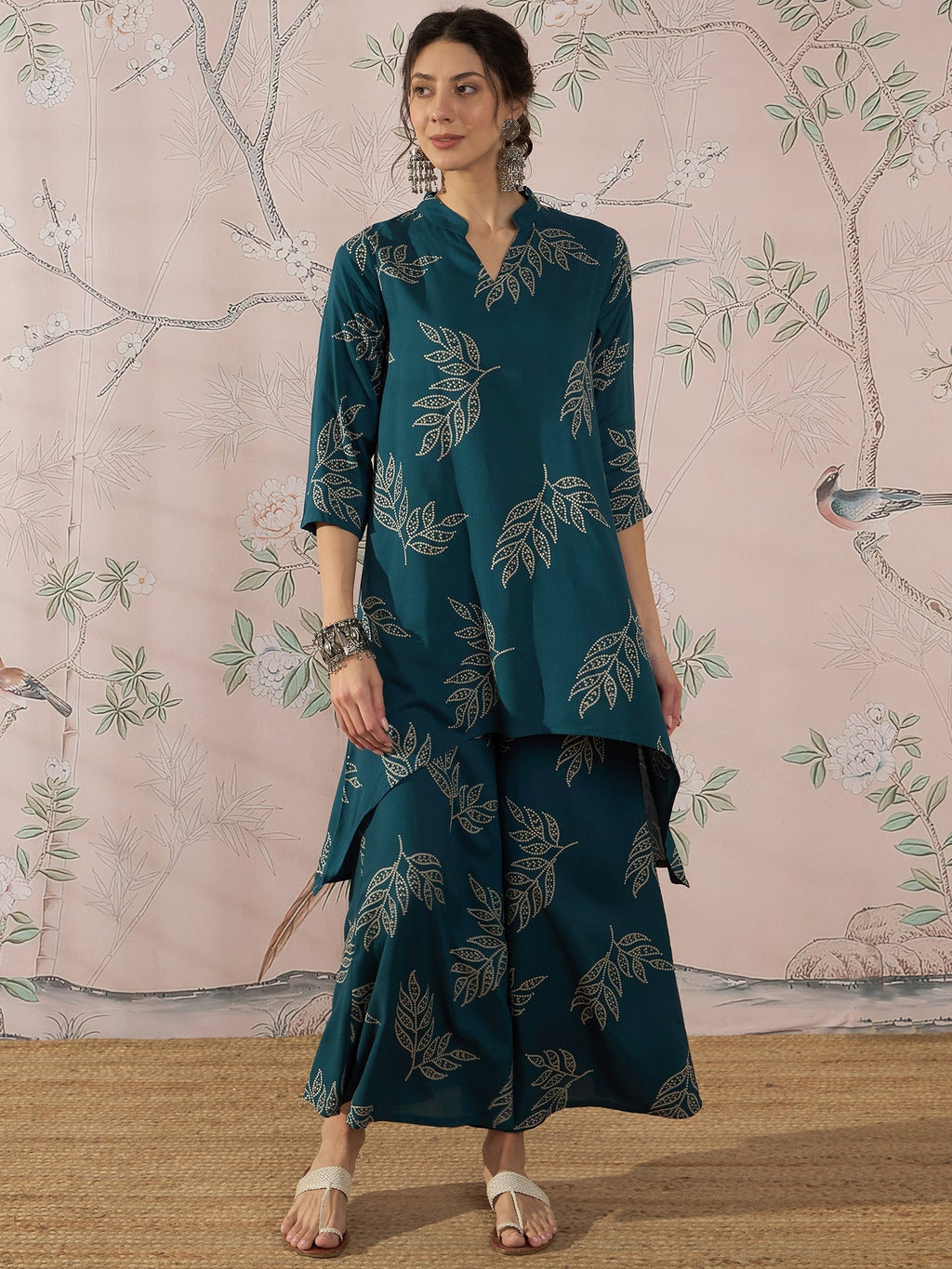 InWeave Dark Teal Leaf Mandarin Kurta Set