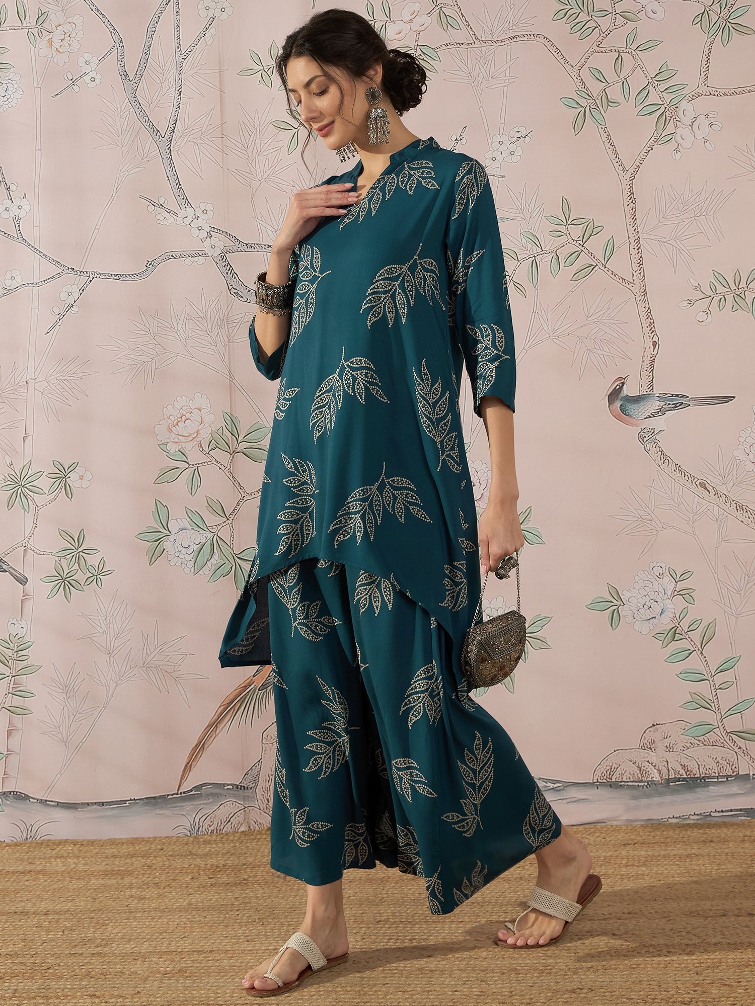 InWeave Dark Teal Leaf Mandarin Kurta Set