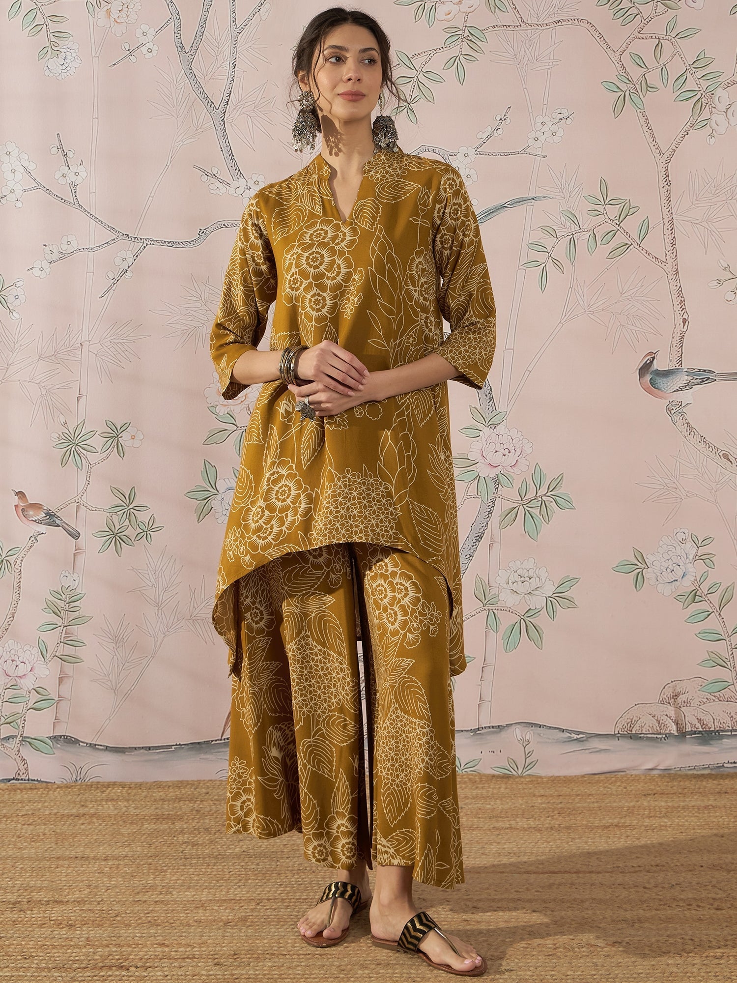 InWeave Dark Yellow Rose Leaf Mandarin Kurta Set