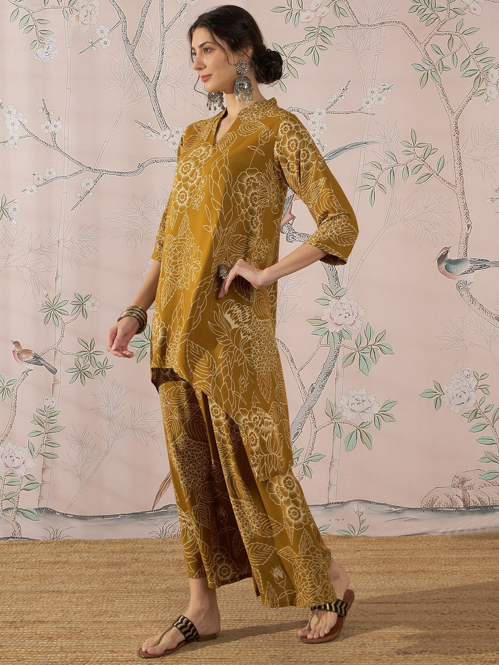 InWeave Dark Yellow Rose Leaf Mandarin Kurta Set