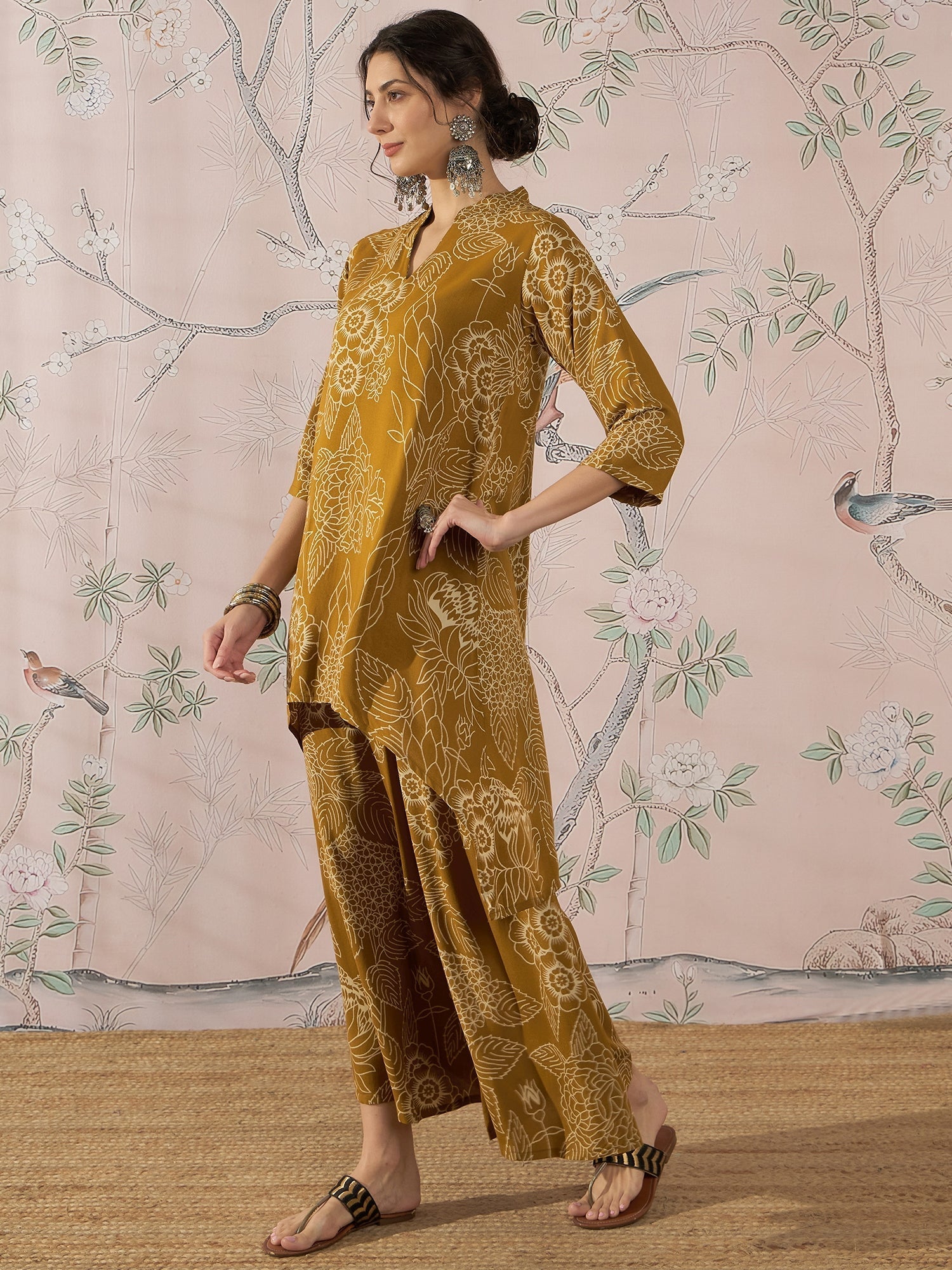 InWeave Dark Yellow Rose Leaf Mandarin Kurta Set