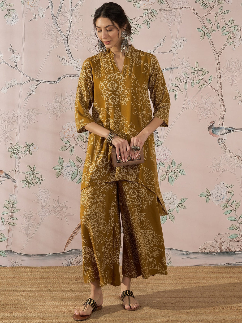 InWeave Dark Yellow Rose Leaf Mandarin Kurta Set