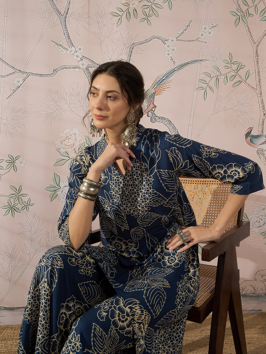 InWeave Peacock Teal Rose Leaf Mandarin Kurta Set