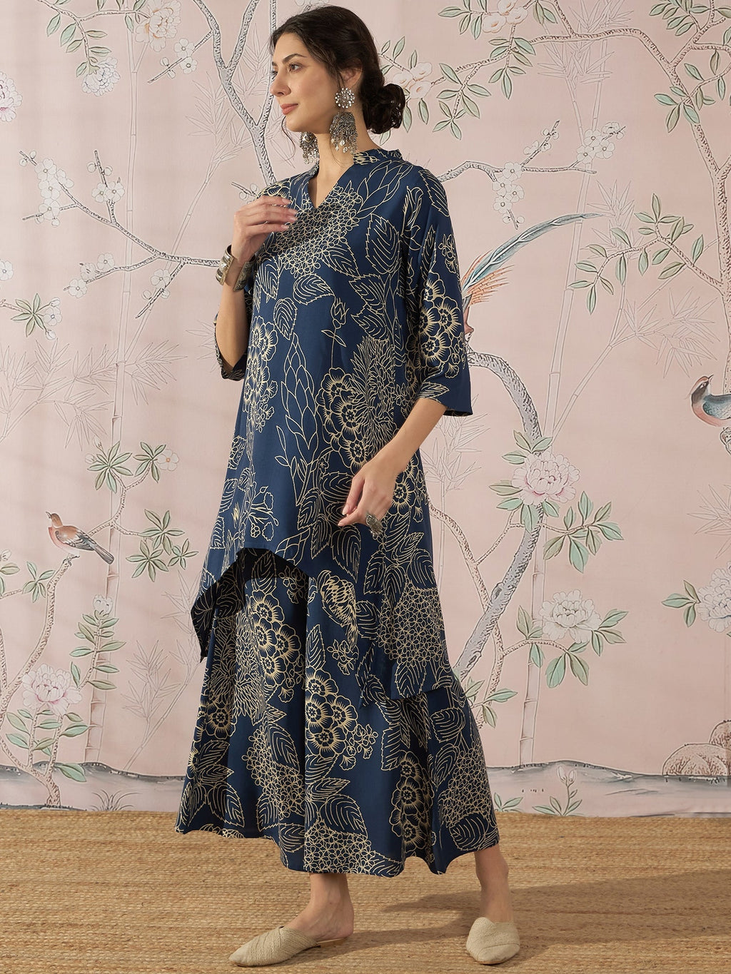 InWeave Peacock Teal Rose Leaf Mandarin Kurta Set