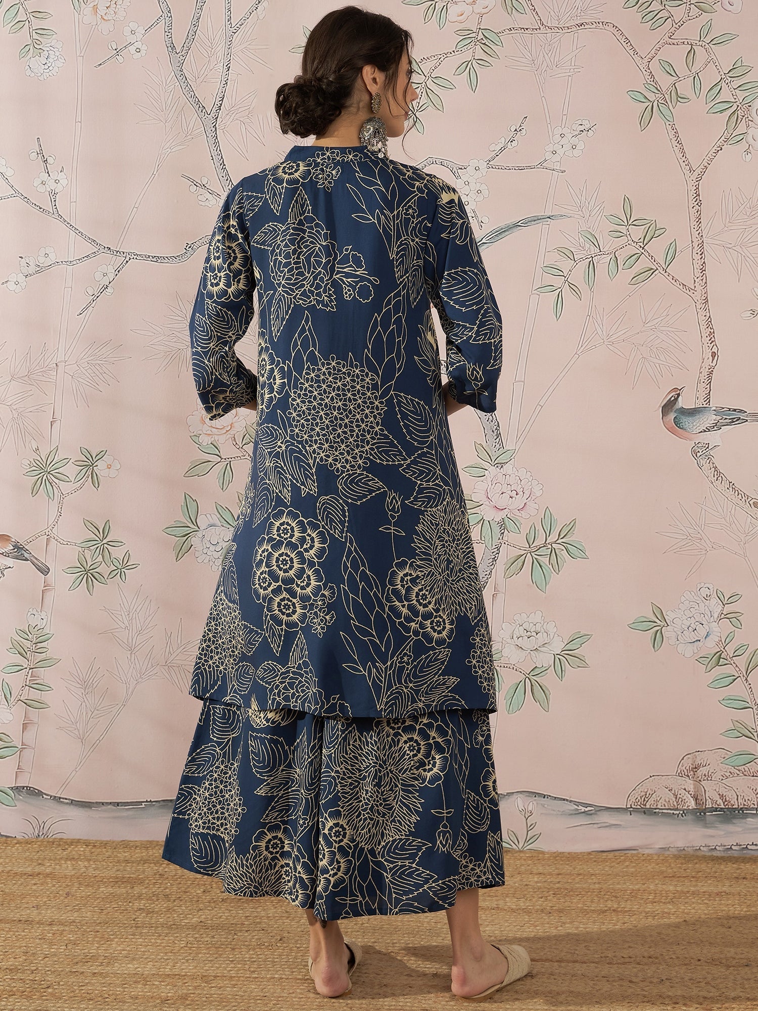 InWeave Peacock Teal Rose Leaf Mandarin Kurta Set