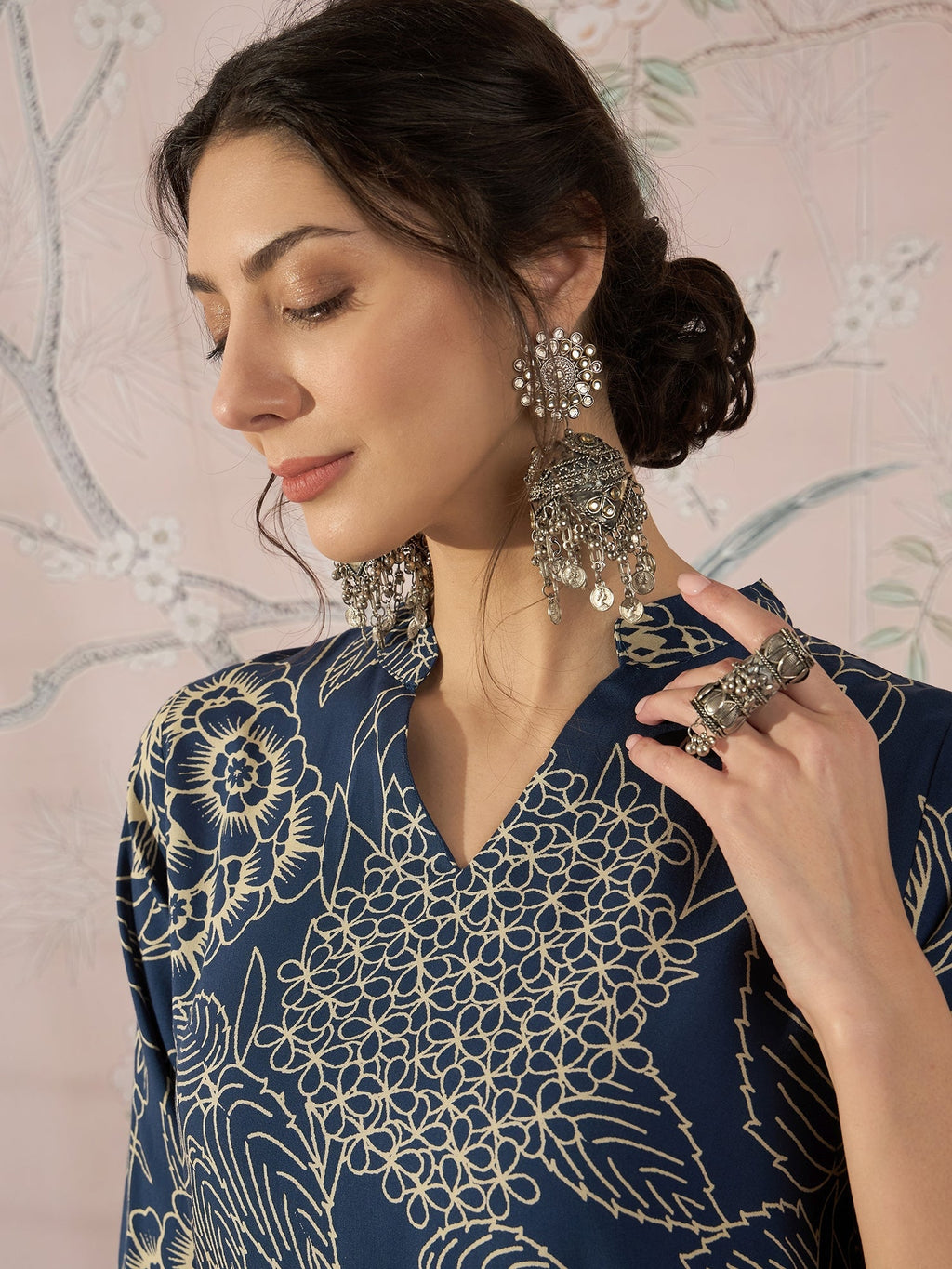 InWeave Peacock Teal Rose Leaf Mandarin Kurta Set