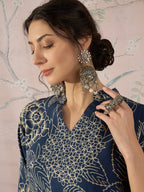 InWeave Peacock Teal Rose Leaf Mandarin Kurta Set