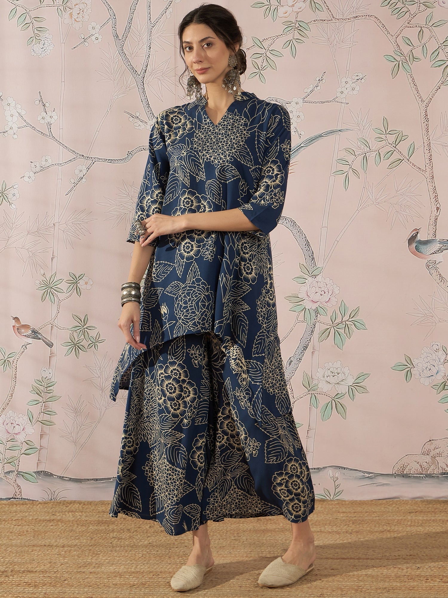 InWeave Peacock Teal Rose Leaf Mandarin Kurta Set