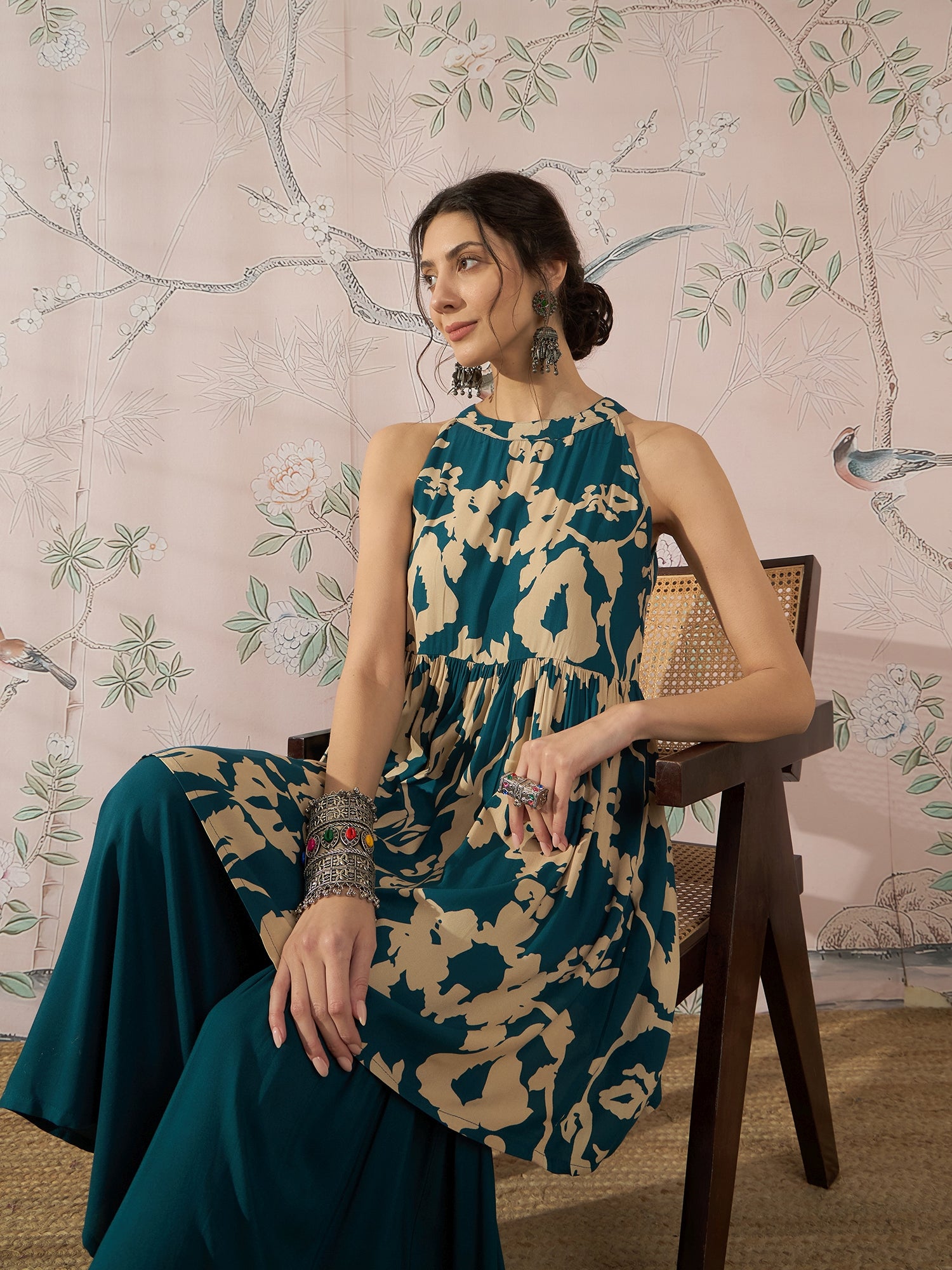 InWeave Teal Beige Halter Kurta Sharara Set