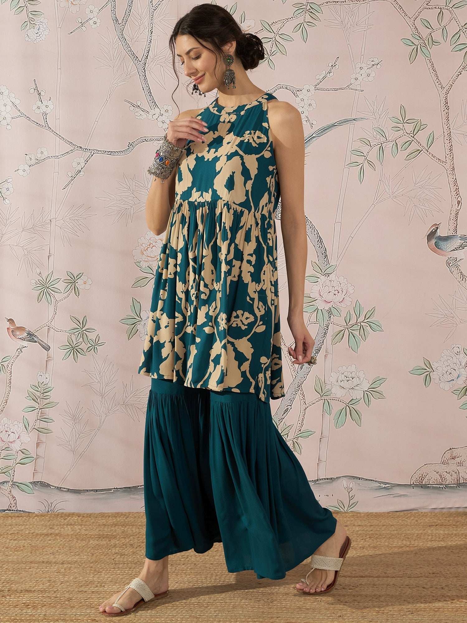 InWeave Teal Beige Halter Kurta Sharara Set