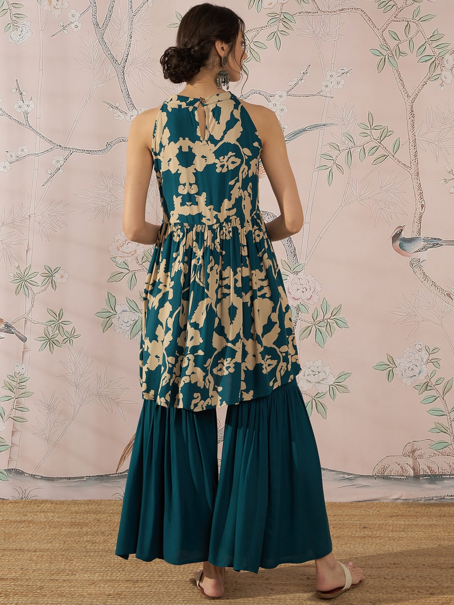 InWeave Teal Beige Halter Kurta Sharara Set