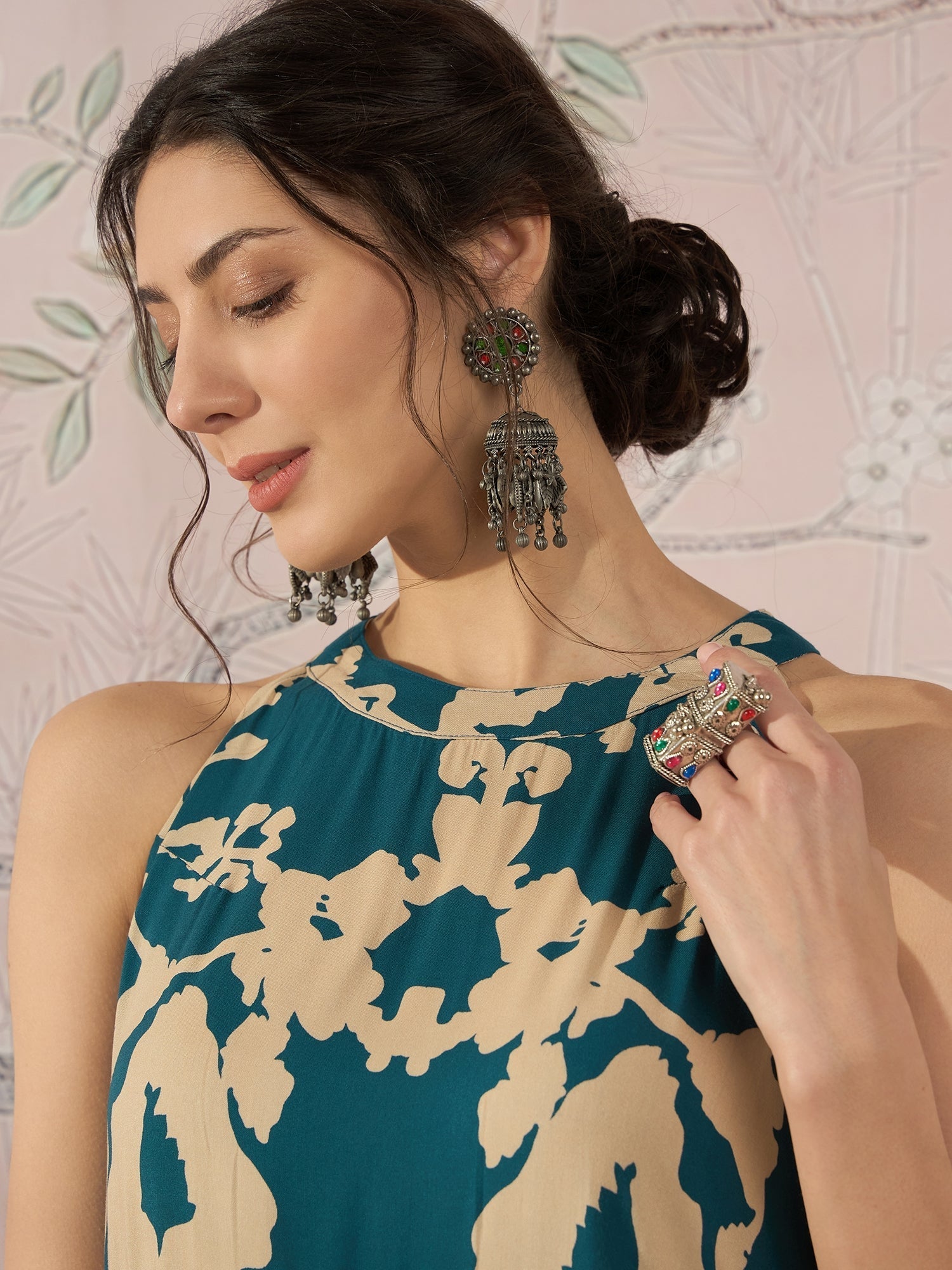 InWeave Teal Beige Halter Kurta Sharara Set