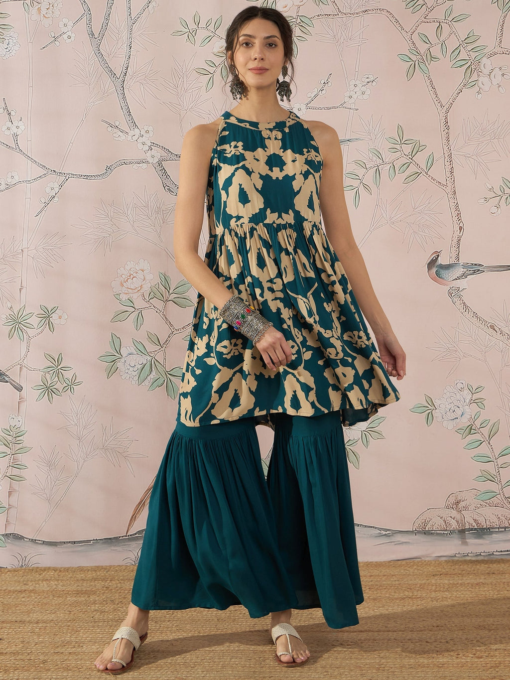 InWeave Teal Beige Halter Kurta Sharara Set