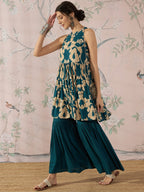 InWeave Teal Beige Halter Kurta Sharara Set