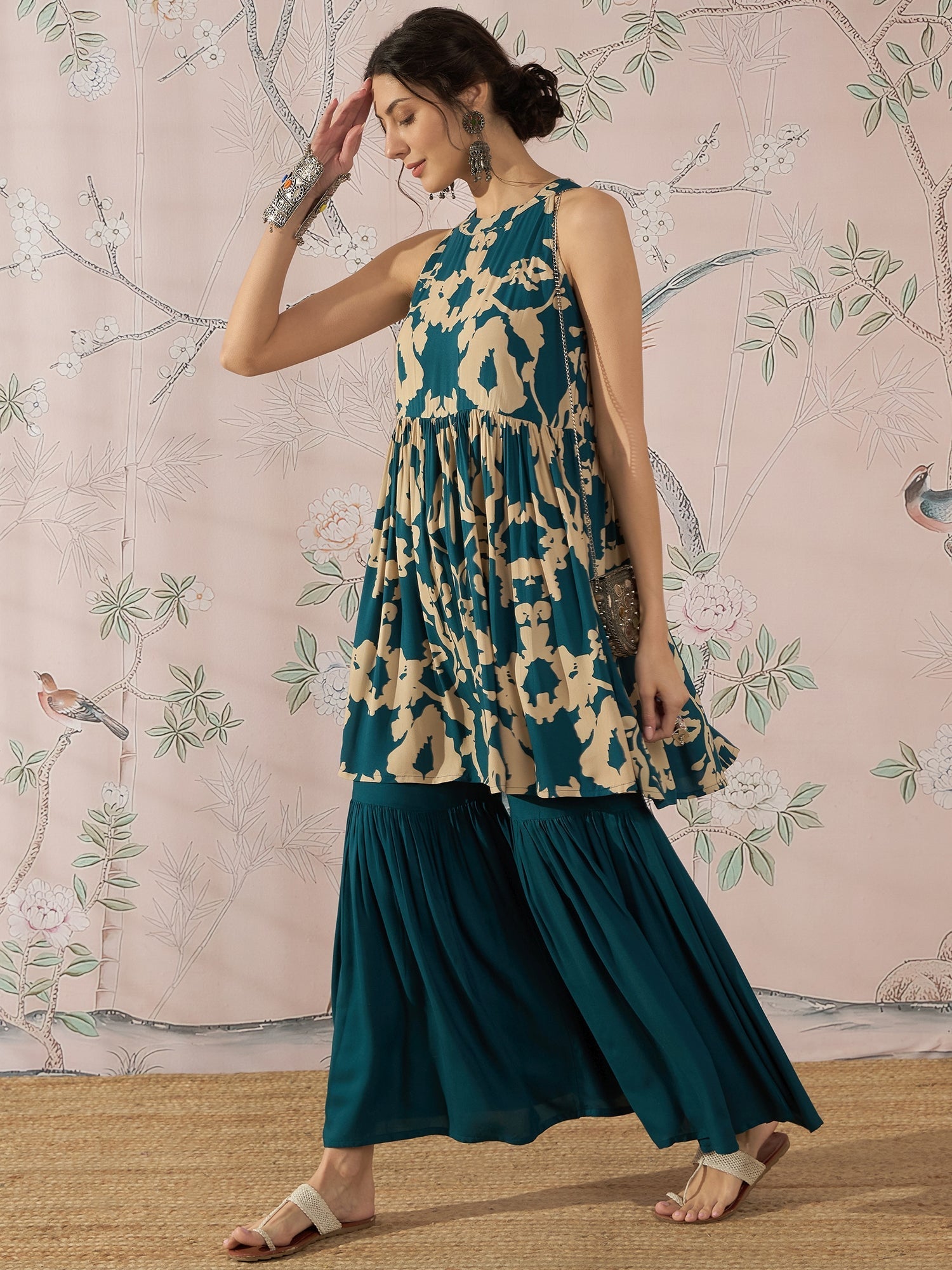 InWeave Teal Beige Halter Kurta Sharara Set