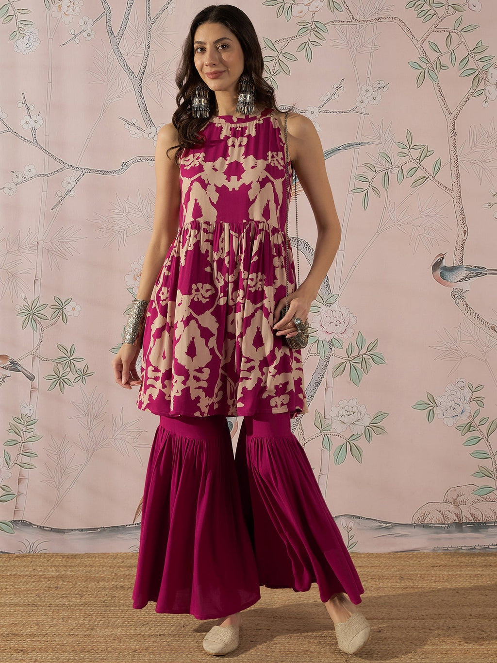 InWeave Jam Pink Beige Halter Kurta Sharara Set