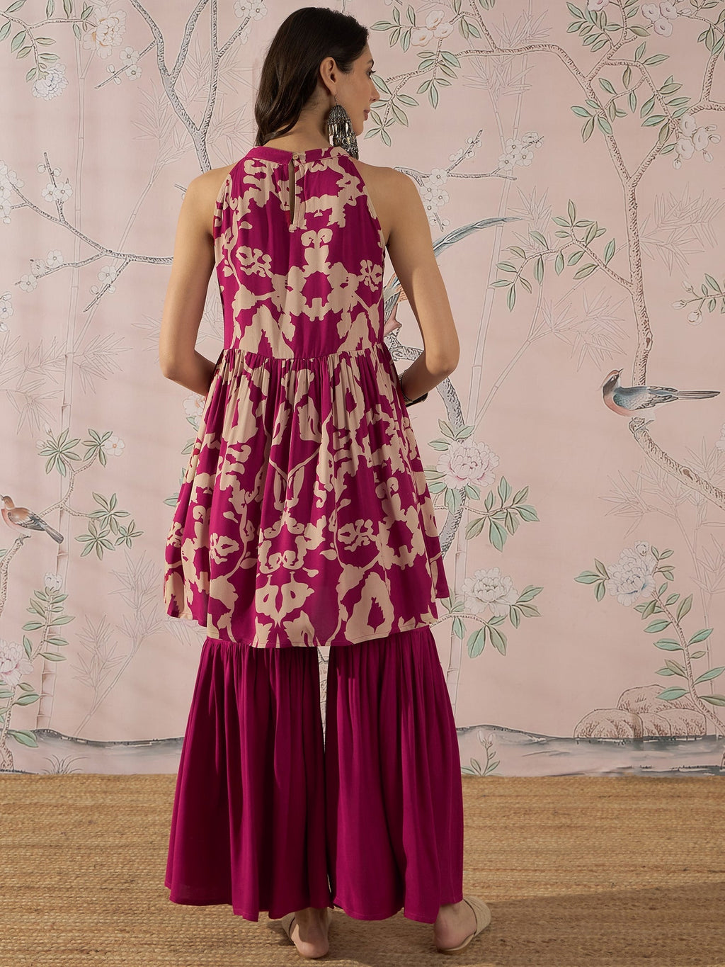 InWeave Jam Pink Beige Halter Kurta Sharara Set
