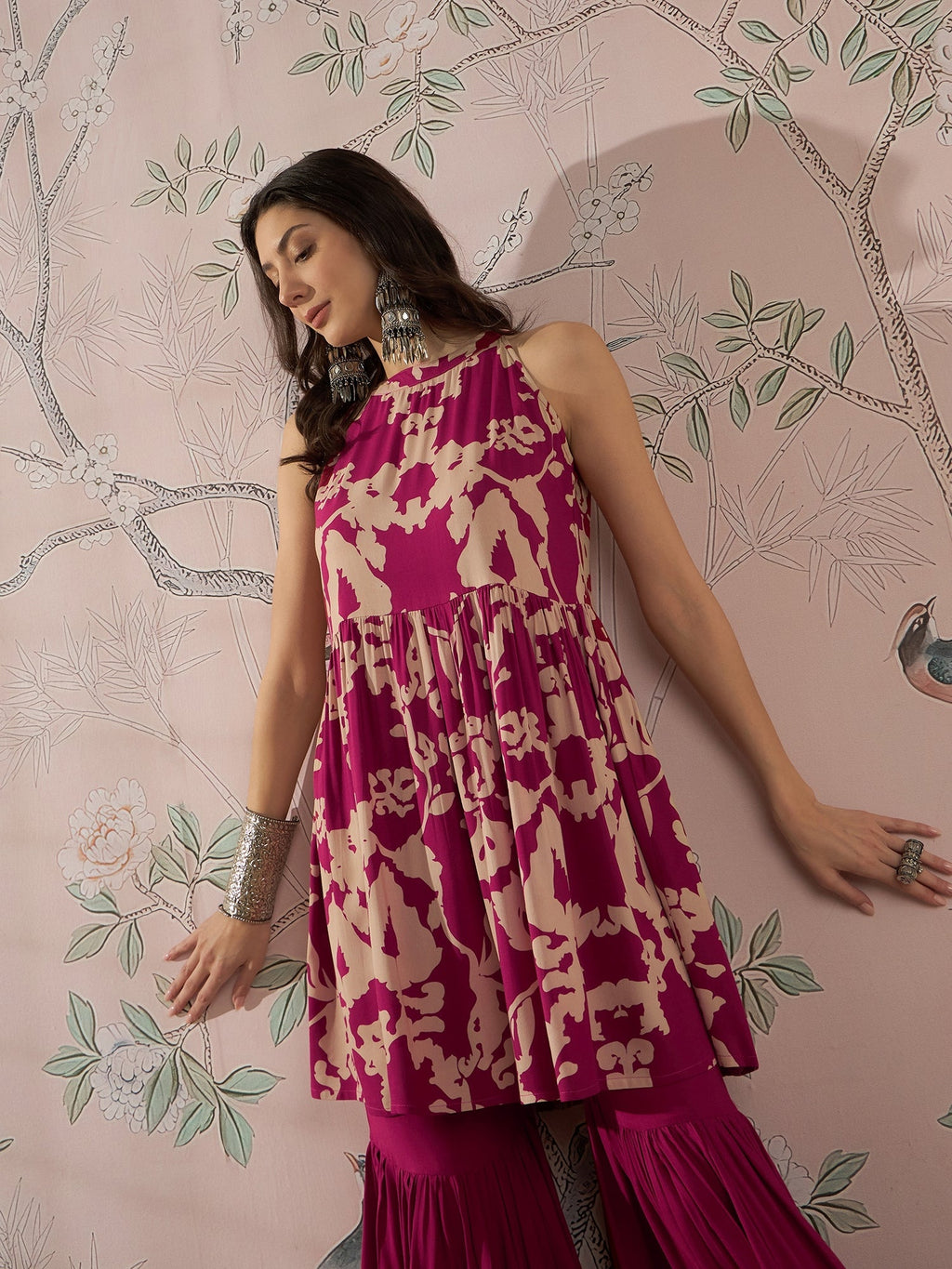 InWeave Jam Pink Beige Halter Kurta Sharara Set