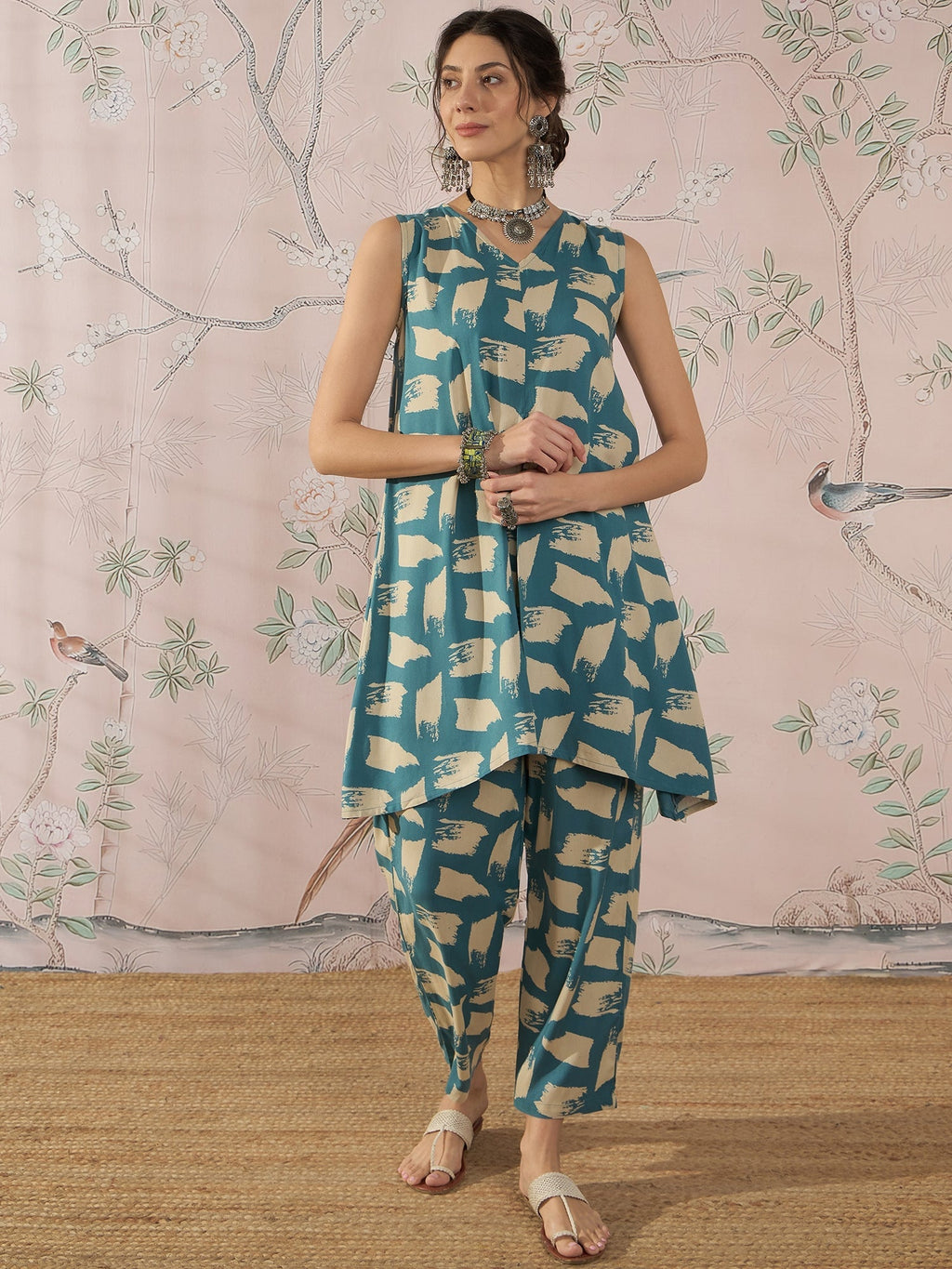 InWeave Marin Teal Beige Slit Kurta Set