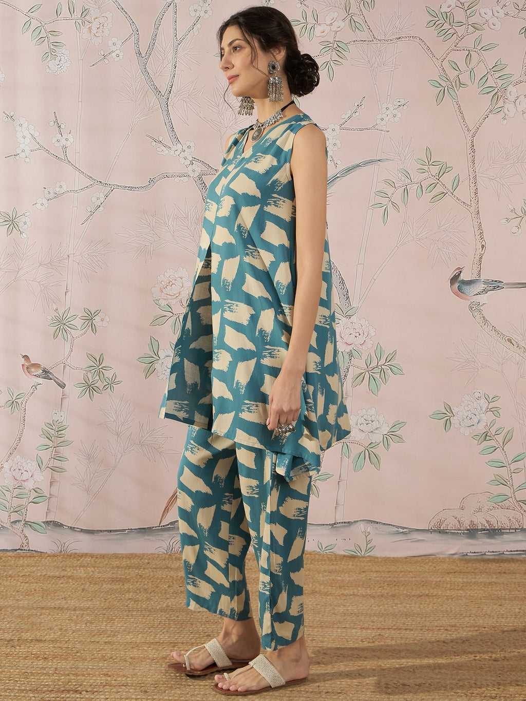 InWeave Marin Teal Beige Slit Kurta Set