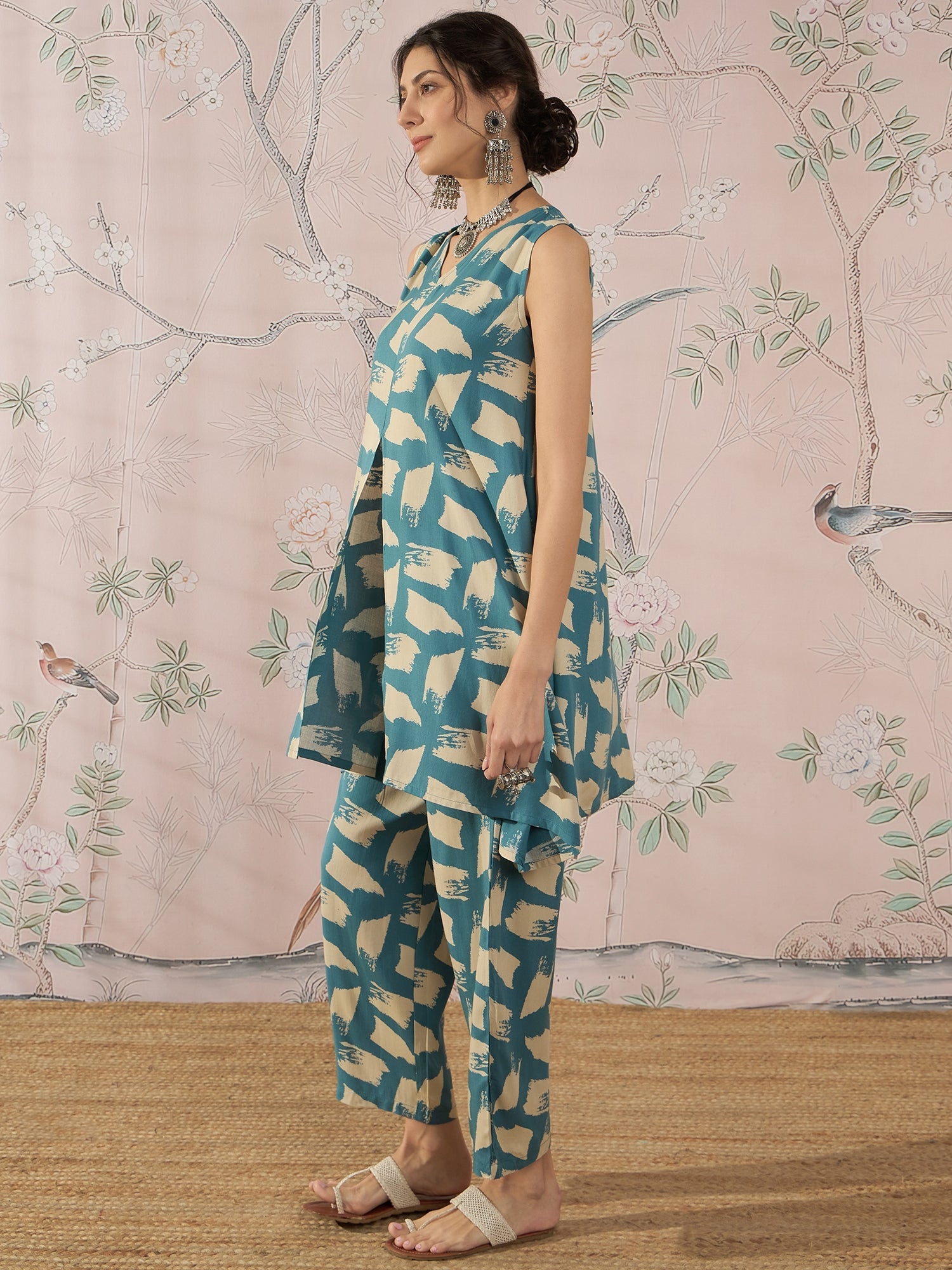 InWeave Marin Teal Beige Slit Kurta Set