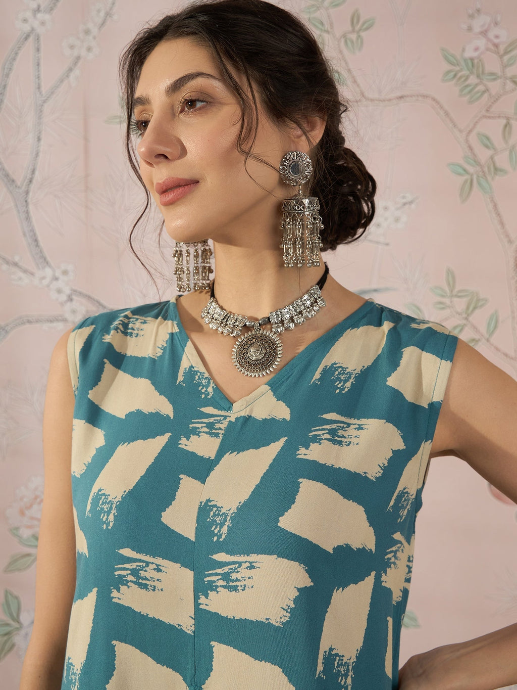 InWeave Marin Teal Beige Slit Kurta Set