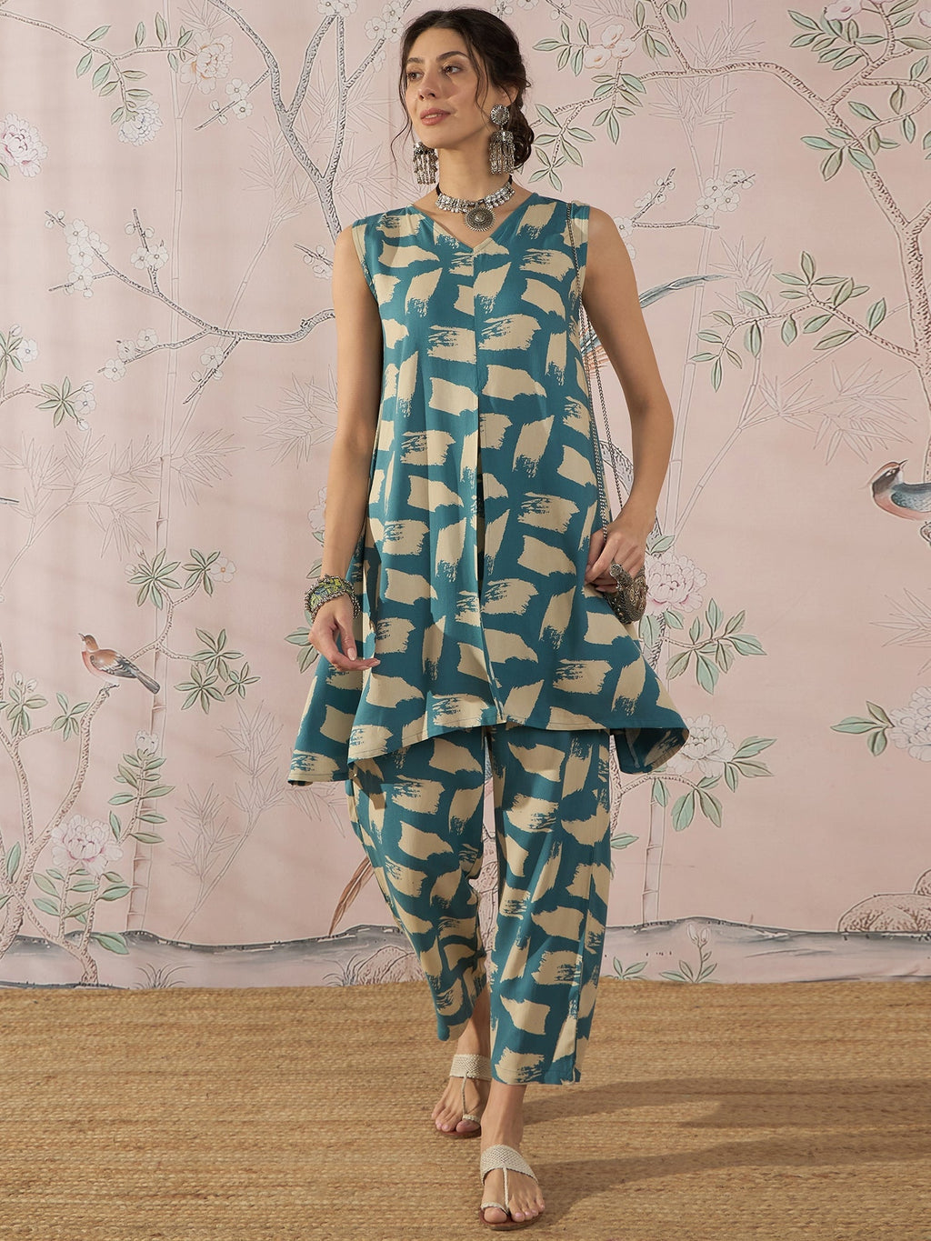 InWeave Marin Teal Beige Slit Kurta Set