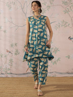 InWeave Marin Teal Beige Slit Kurta Set