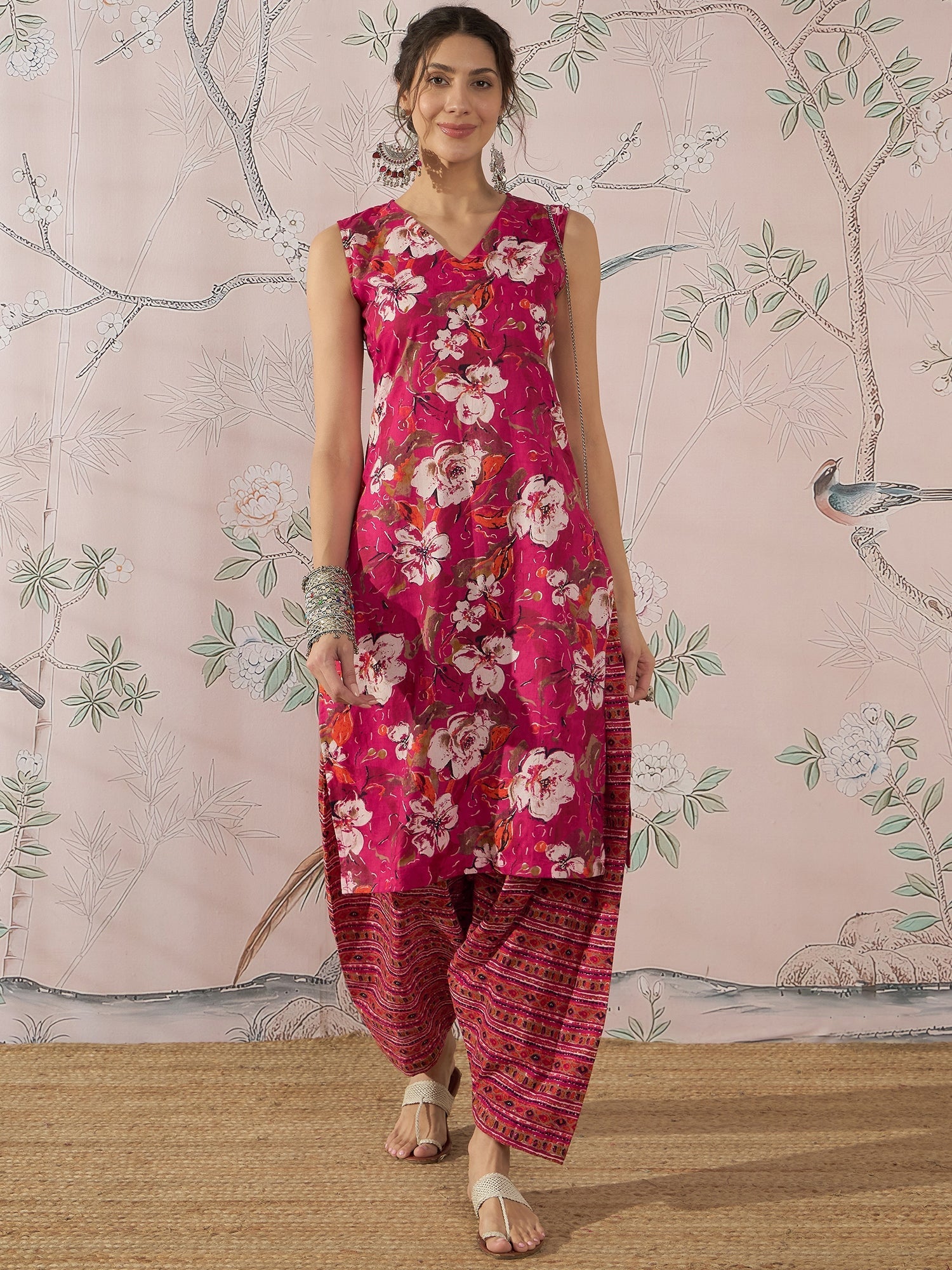 InWeave Dark Pink Cream Kurta Dhoti Set - Distacart