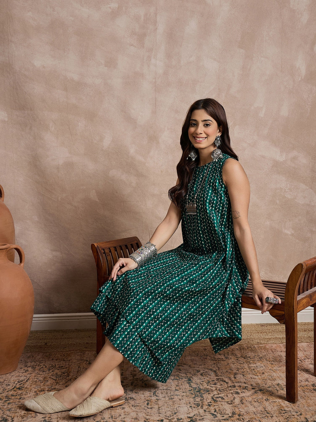 InWeave Teal Zig Zag Round Neck Kurta Set - Distacart