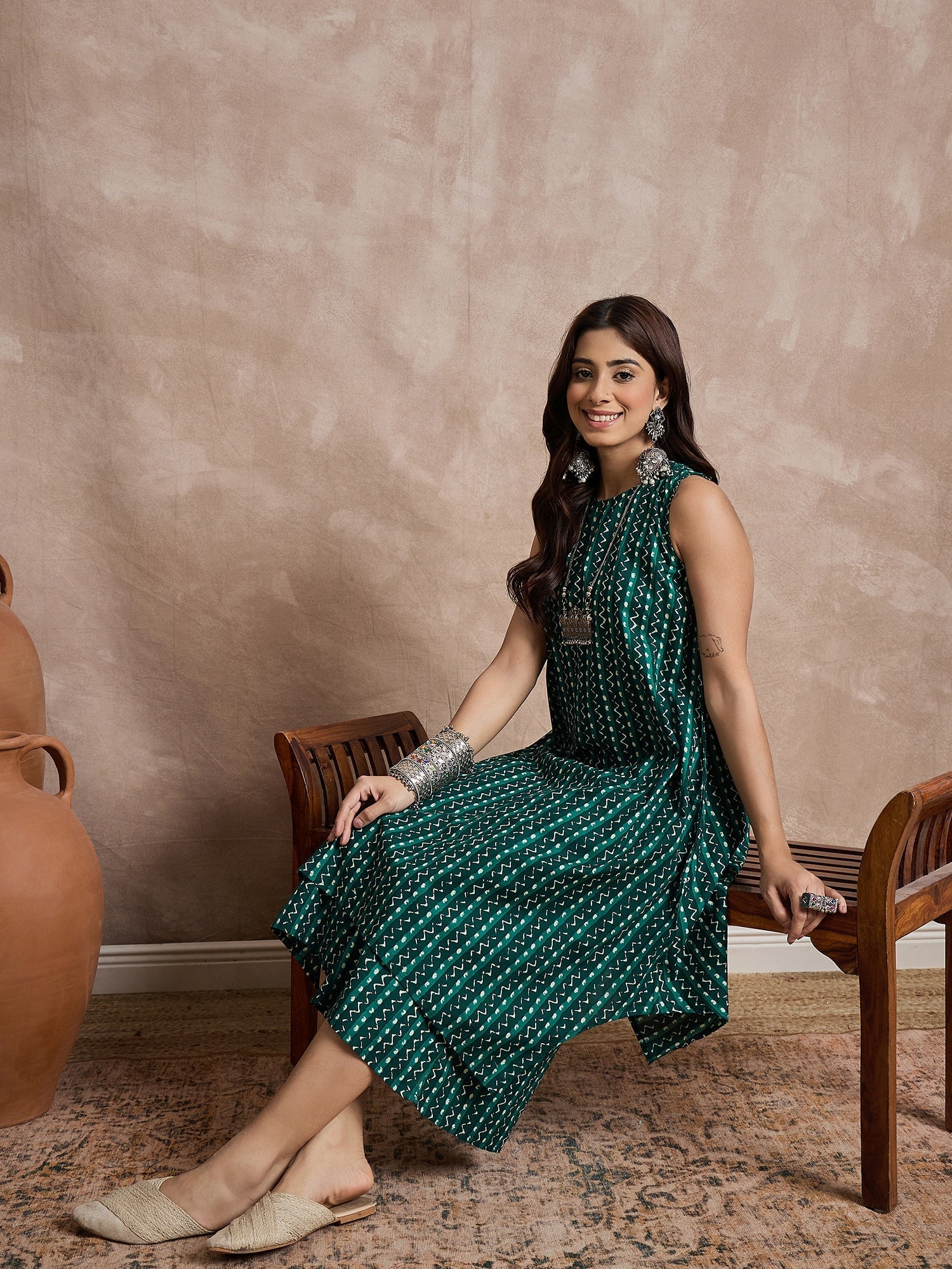 InWeave Teal Zig Zag Round Neck Kurta Set - Distacart