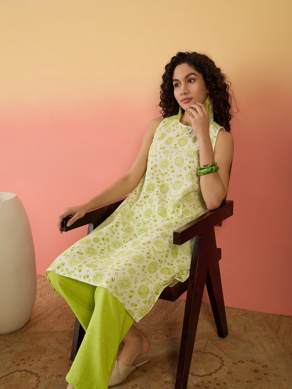 InWeave Green White Rubber R Neck Kurta Set