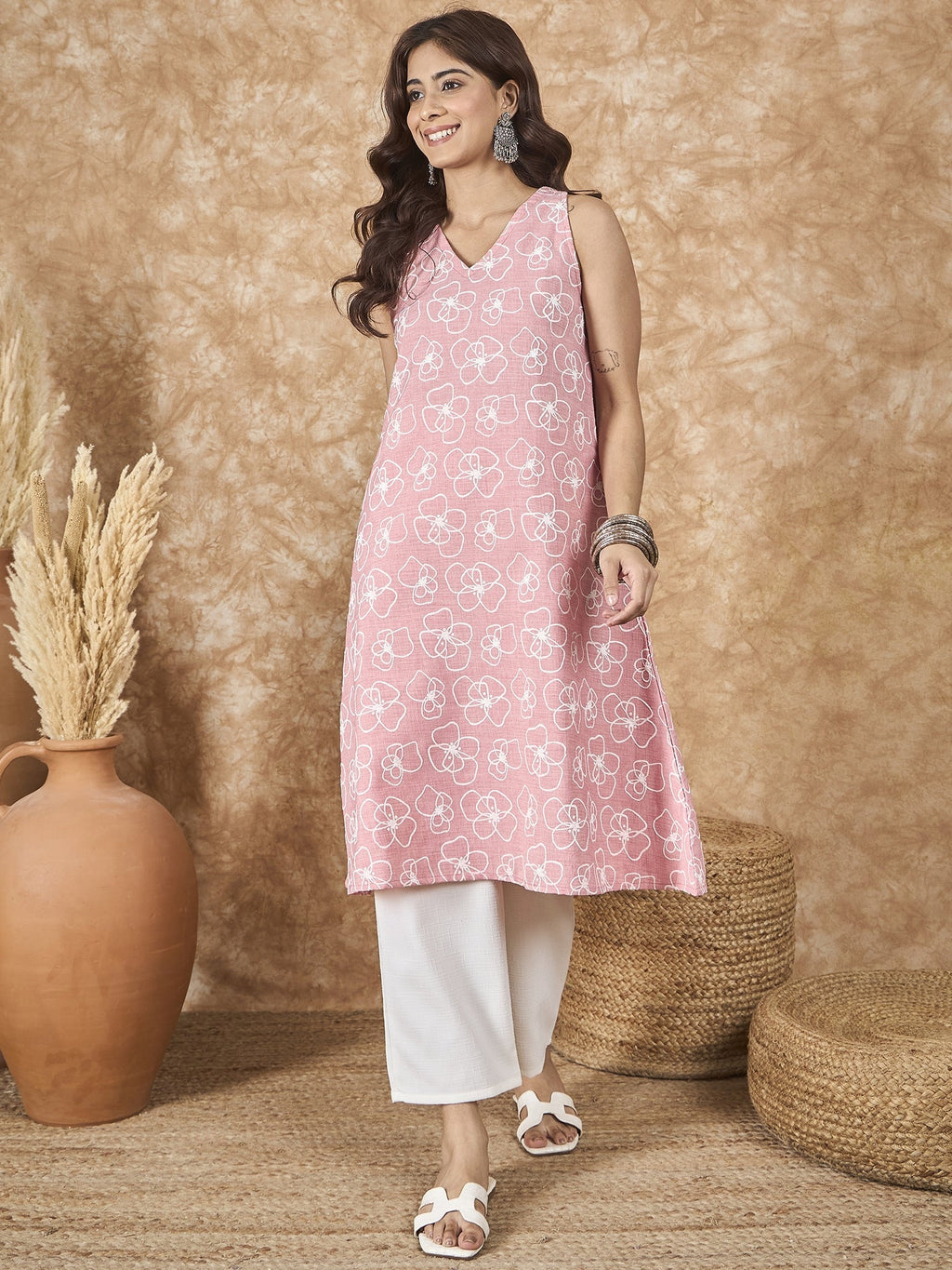 InWeave Pastel Peach V Neck Aline Kurta Set