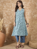 InWeave Mint Blue V Neck Aline Kurta Set