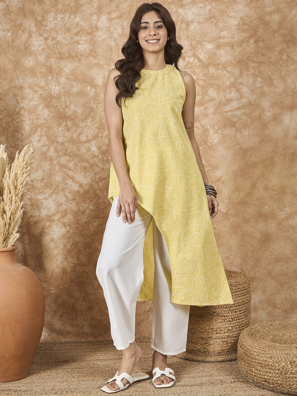InWeave Light Yellow Side Asymmetric Kurta Set