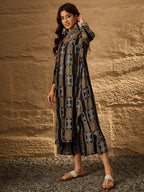 InWeave Black Golden Beige V-Flared Kurta Set