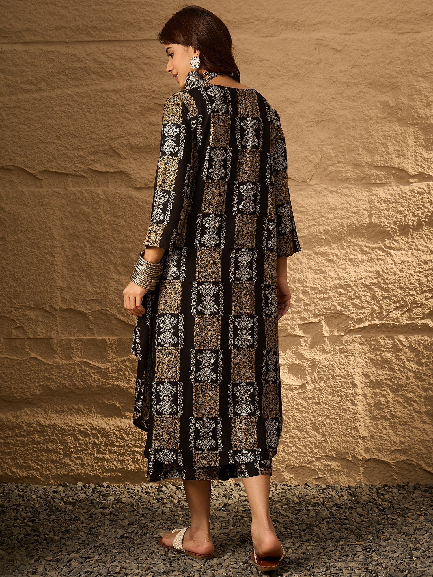 InWeave Black Golden Beige V-Flared Kurta Set