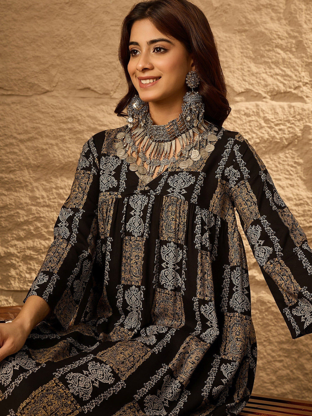 InWeave Black Golden Beige V-Flared Kurta Set