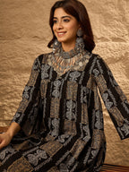 InWeave Black Golden Beige V-Flared Kurta Set