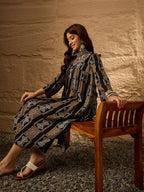 InWeave Black Golden Beige V-Flared Kurta Set