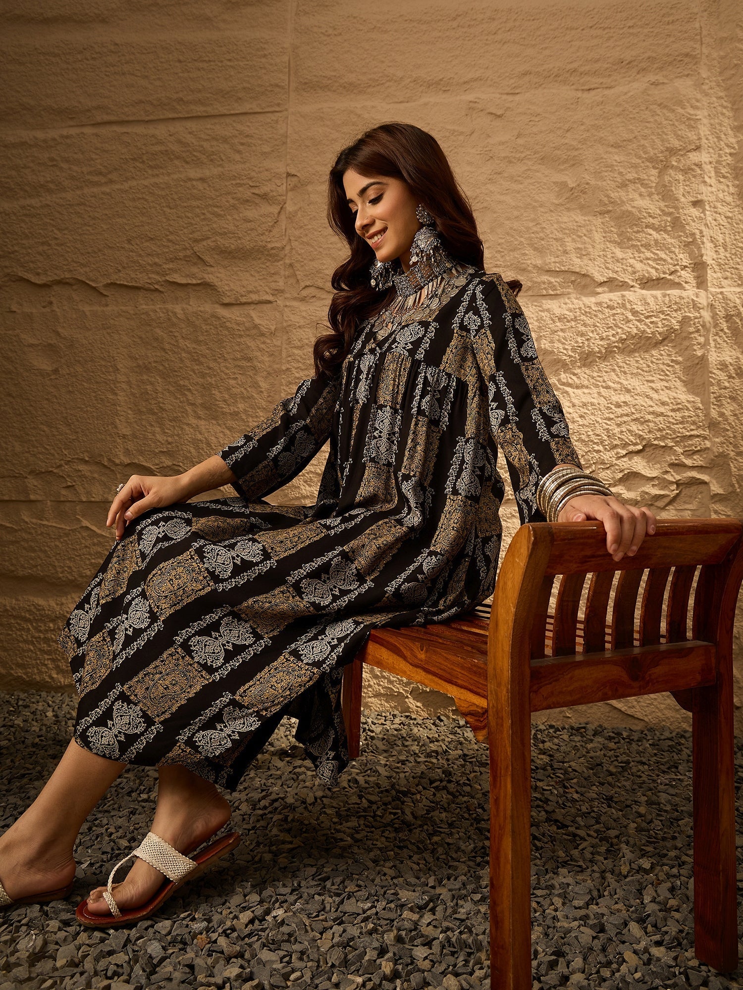 InWeave Black Golden Beige V-Flared Kurta Set
