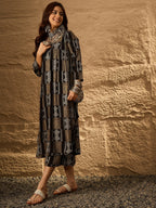 InWeave Black Golden Beige V-Flared Kurta Set