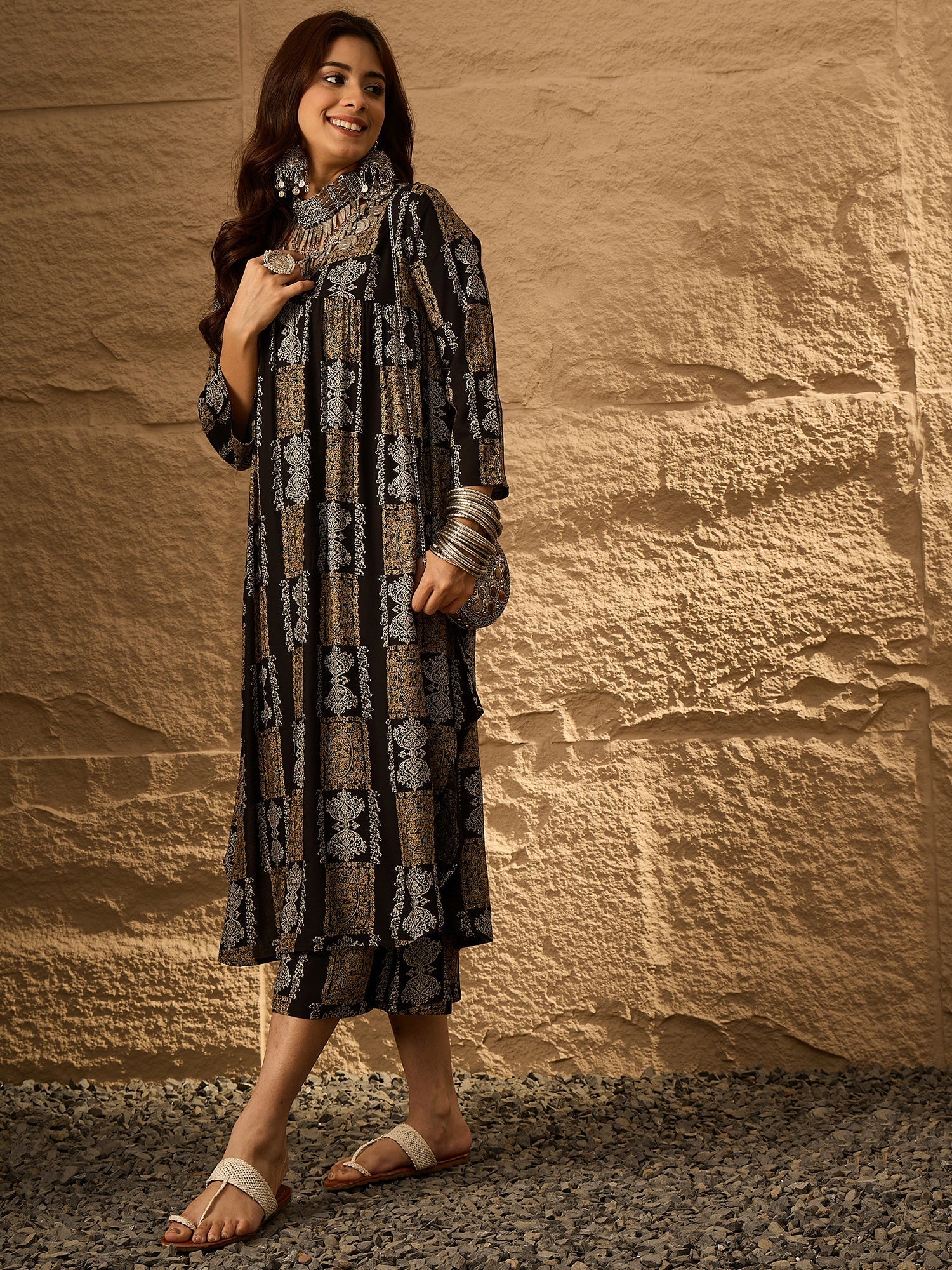 InWeave Black Golden Beige V-Flared Kurta Set
