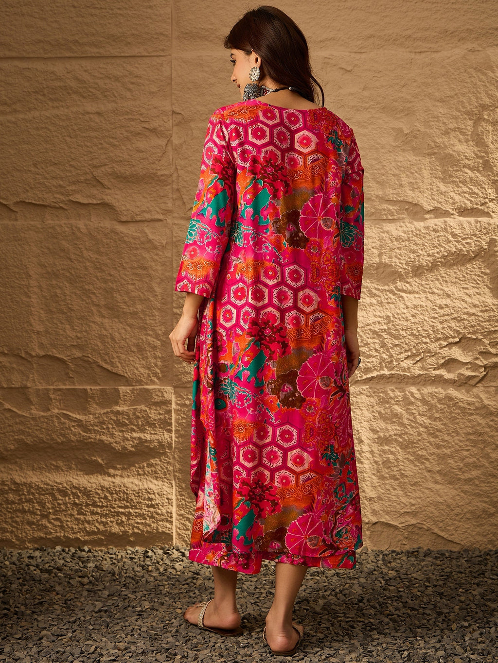 InWeave Fuchsia Orange V-Flared Kurta Set - Distacart