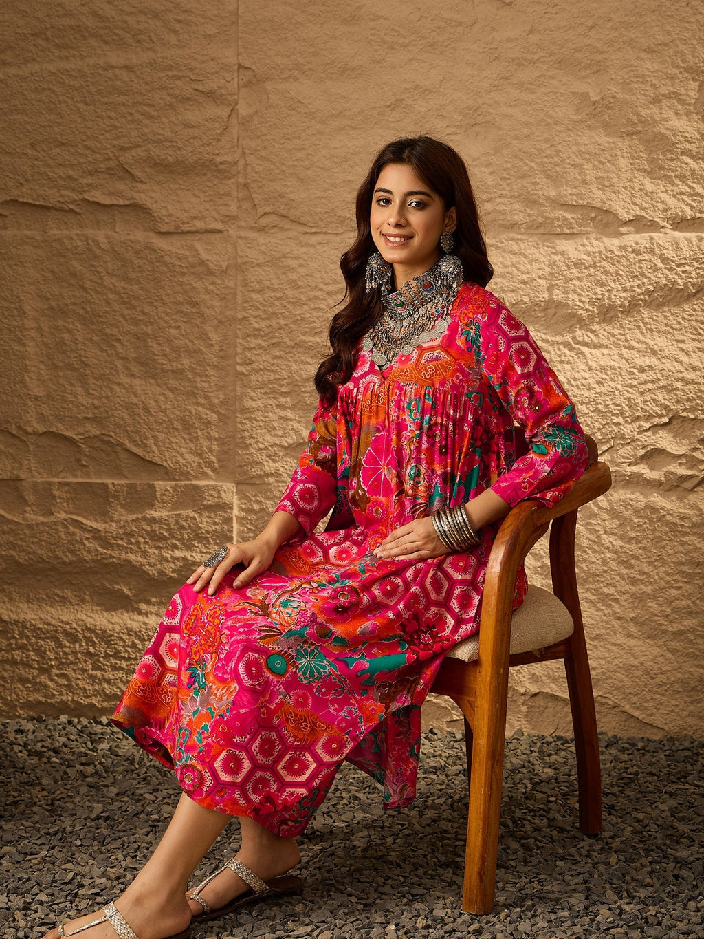 InWeave Fuchsia Orange V-Flared Kurta Set - Distacart