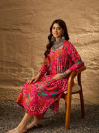 InWeave Fuchsia Orange V-Flared Kurta Set - Distacart
