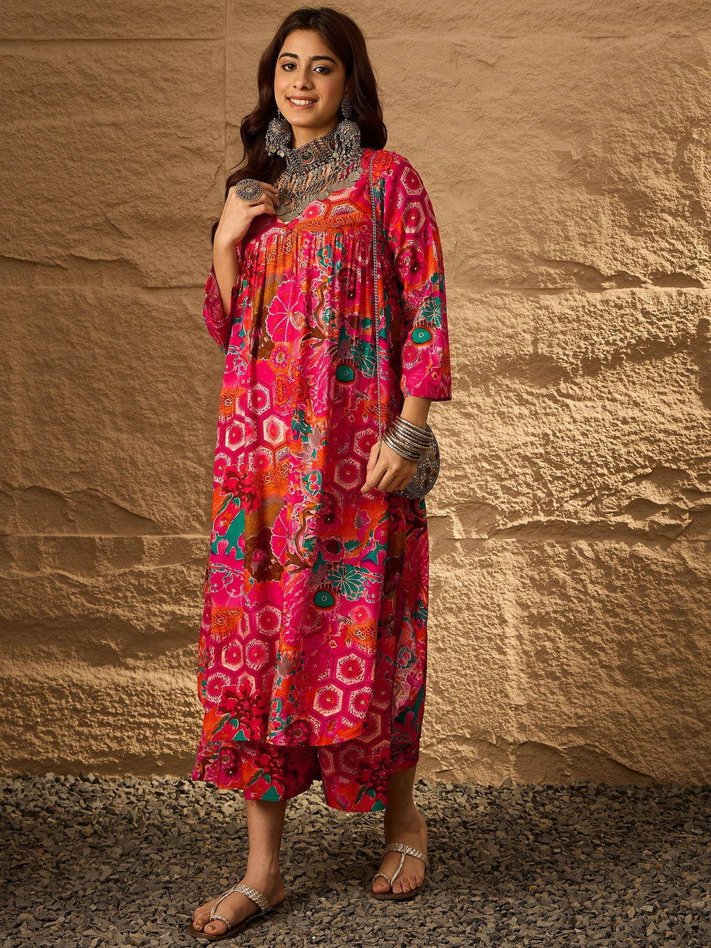 InWeave Fuchsia Orange V-Flared Kurta Set - Distacart