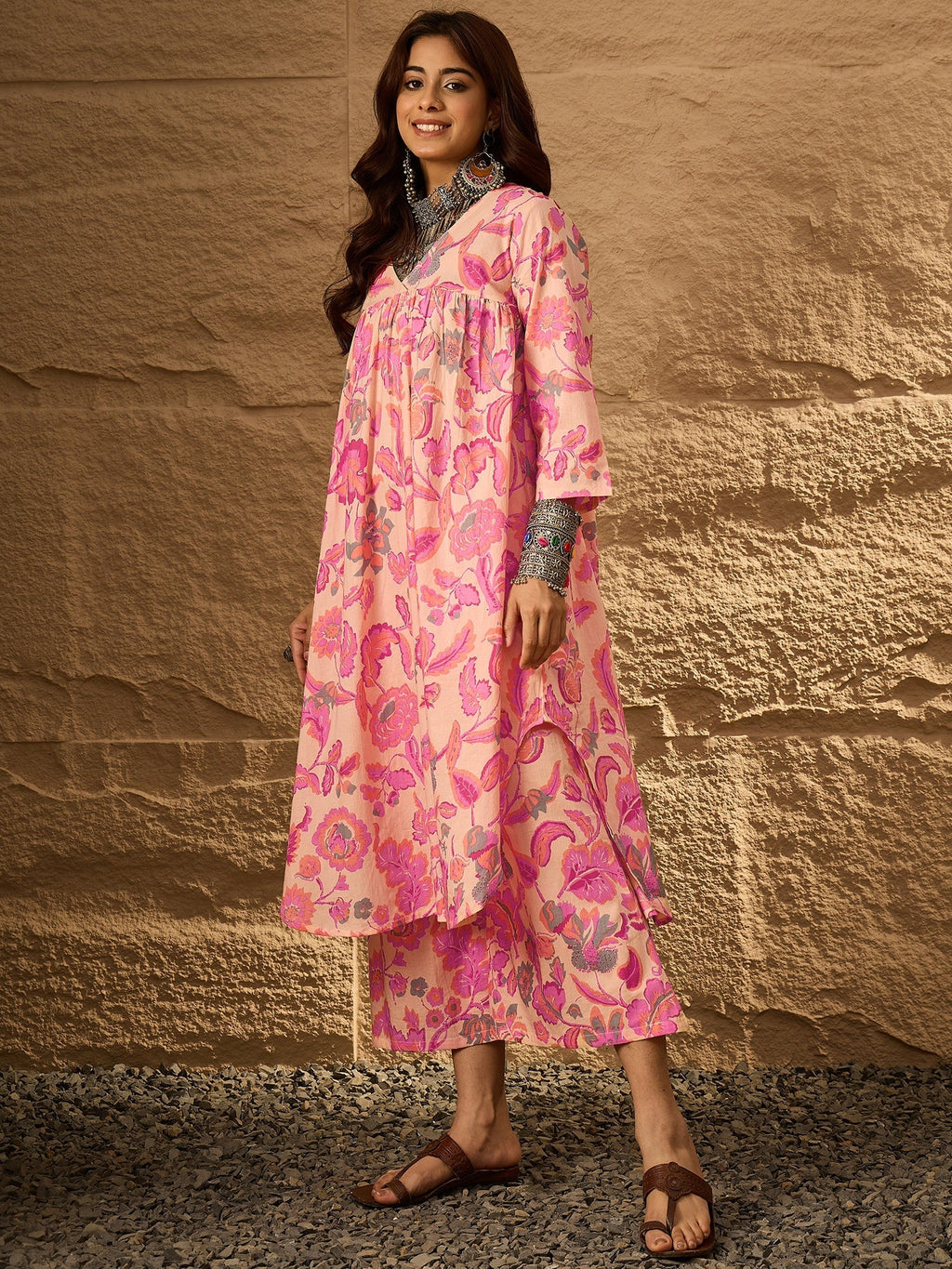 InWeave Light Peach Big V-Flared Kurta Set