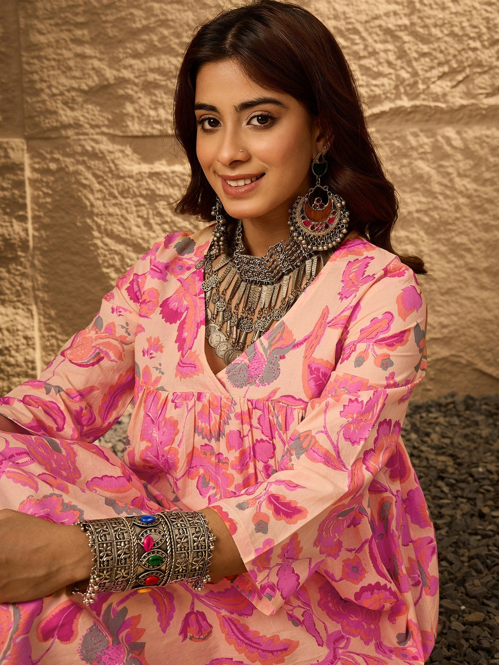 InWeave Light Peach Big V-Flared Kurta Set